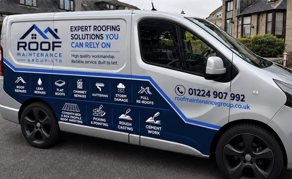 Roof Maintenance Group branded van showing all roofing services and contact details
